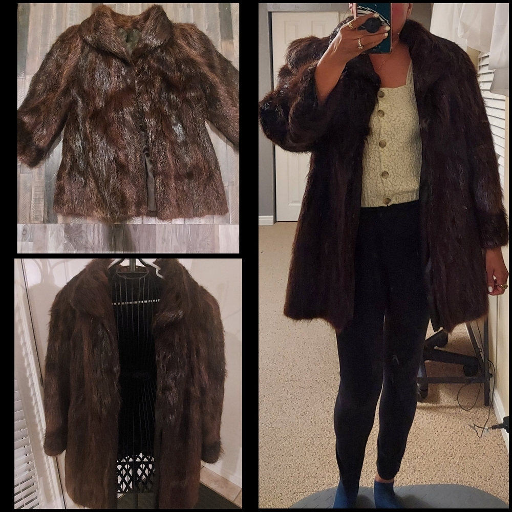 Dark brown long hair fur coat. Unsure of fur (I think it's beaver) size Med/LG